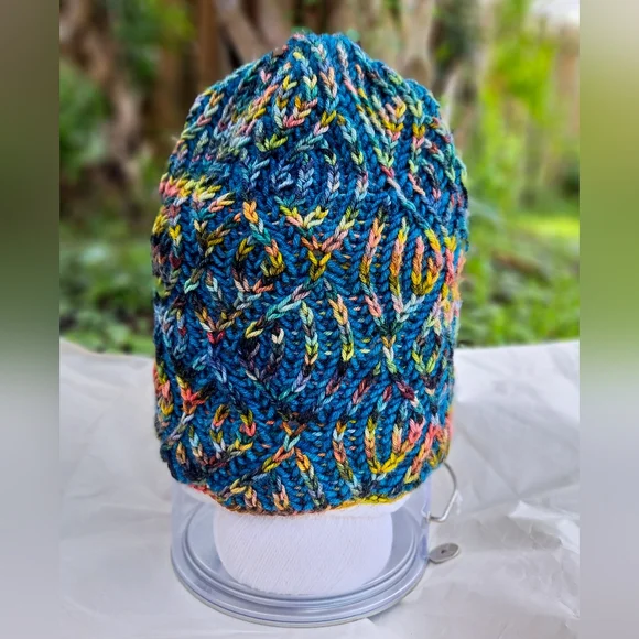 Knit Hat Warm Hand Dyed Soft Wool Green Multicolor Striped Brioche Stocking Cap - Picture 2 of 13